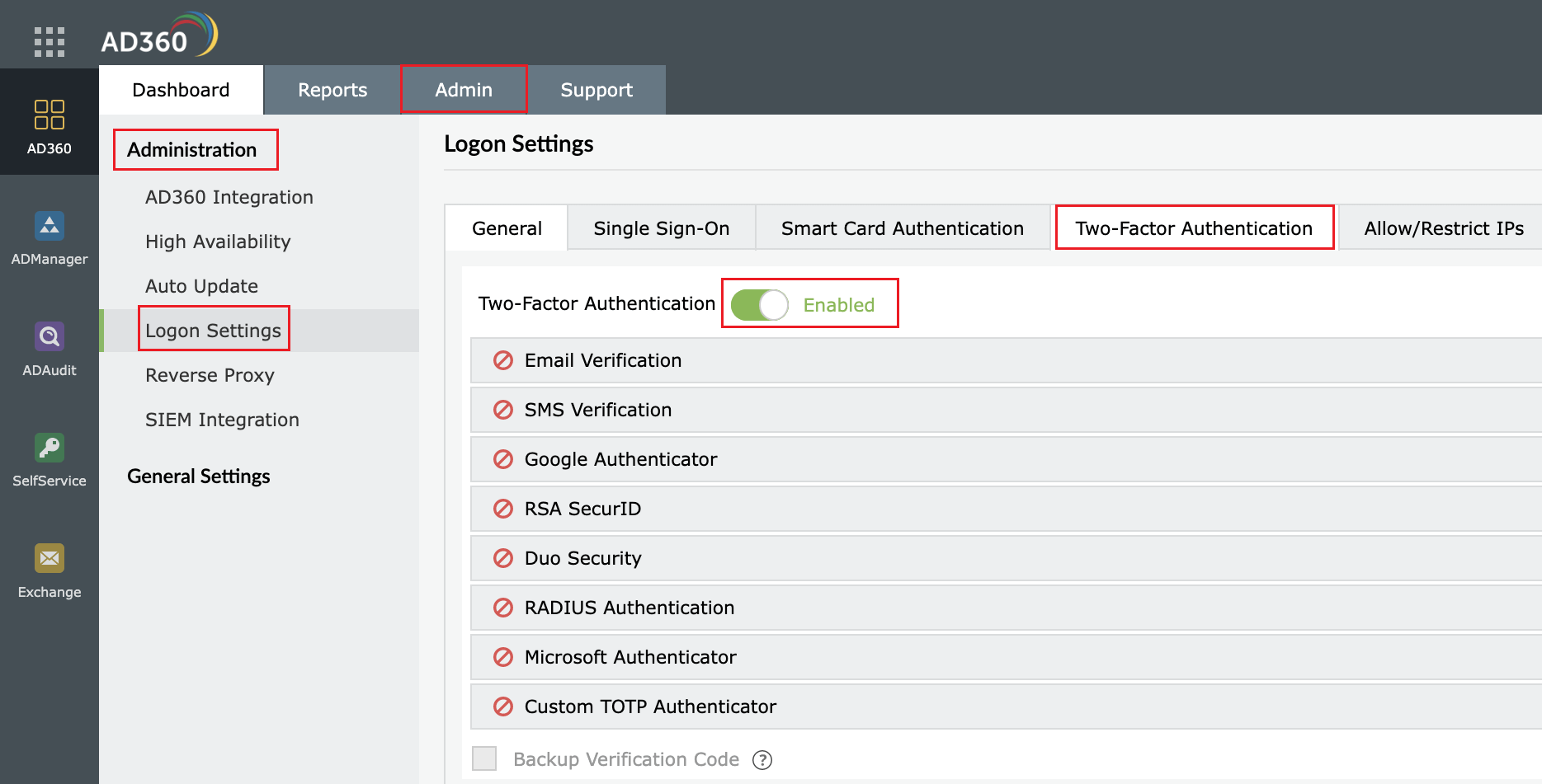 Two-factor Authentication switch to the ON position
